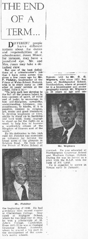 Image of Newspaper cutting from the East African Standard - hand-over from Fletcher to Wigmore at the end of 1959