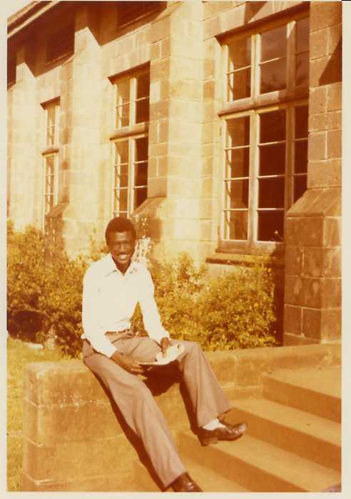 Peter Agwa outside Grigg/Hawke Dining Hall - 1974