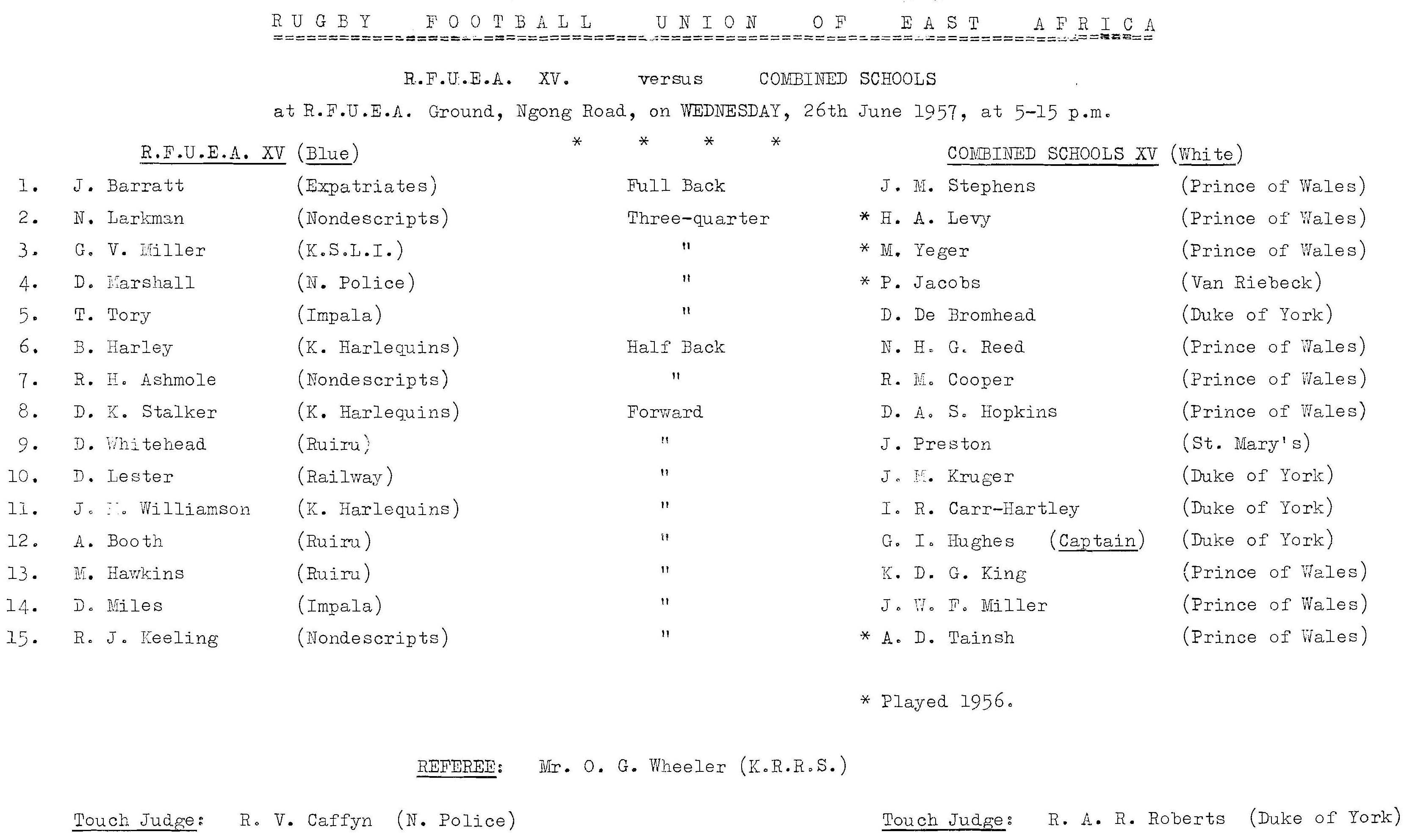 Kenya Combined Schools Rugby Team - 1957