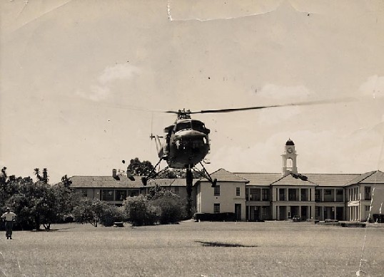 Helicopter landing in front of the Prince of Wales School - early 1950s