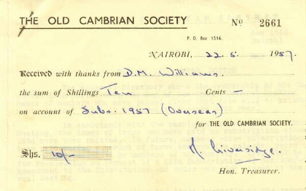 Dudley Williams' Old Cambrian Society Membership Receipt - May 1957