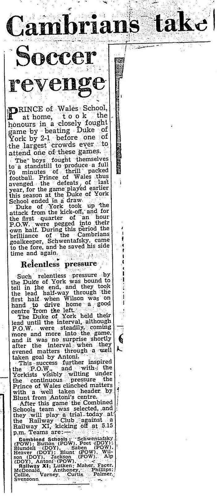 Newspaper cutting of Prince of Wales School win over the Duke of York School - Soccer 1958